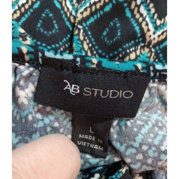 AB Studio Shirt Ladies Large Aquamarine Black Short‎ Sleeve Stretchy - Picture 4 of 6